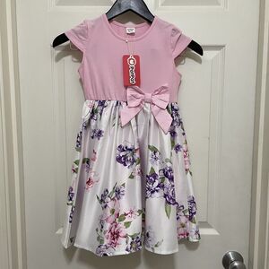 Patpat Girls Size 6-7y Short Sleeve Dress Easter Spring Bow Pink Purple Flowers